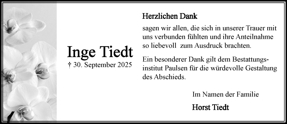  Traueranzeige für Inge Tiedt vom 08.11.2025 aus MARKT Bad Oldesloe/Reinfeld und Stormarner Tageblatt