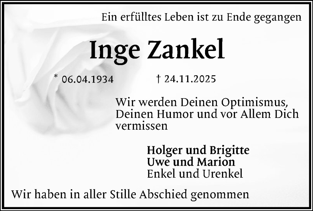  Traueranzeige für Inge Zankel vom 29.11.2025 aus Holsteinischer Courier