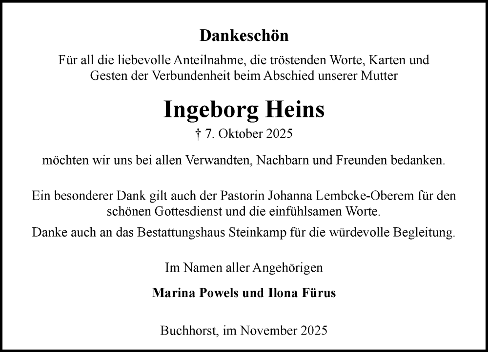  Traueranzeige für Ingeborg Heins vom 15.11.2025 aus Wochenend Anzeiger