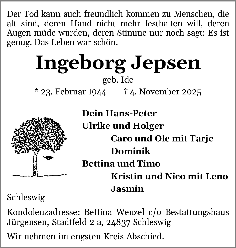  Traueranzeige für Ingeborg Jepsen vom 08.11.2025 aus Schleswiger Nachrichten, Schlei-Bote