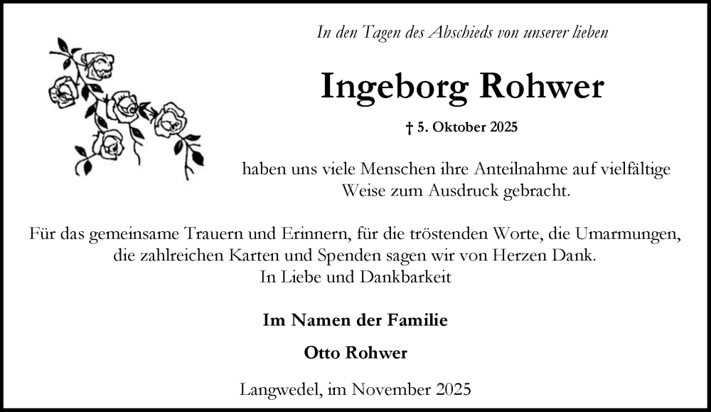  Traueranzeige für Ingeborg Rohwer vom 15.11.2025 aus Schleswig-Holsteinische Landeszeitung