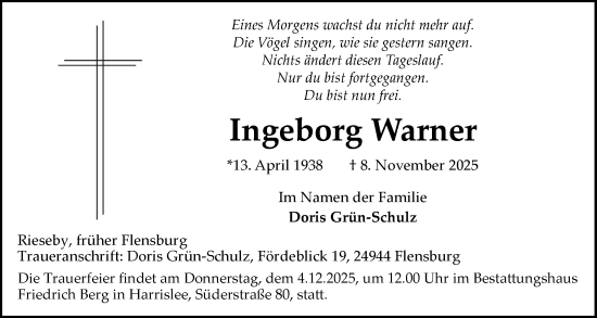 Traueranzeige von Ingeborg Warner von Flensburger Tageblatt