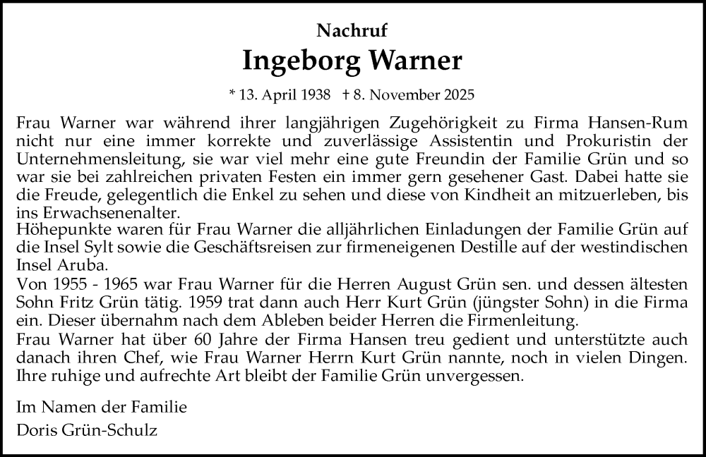  Traueranzeige für Ingeborg Warner vom 22.11.2025 aus Flensburger Tageblatt
