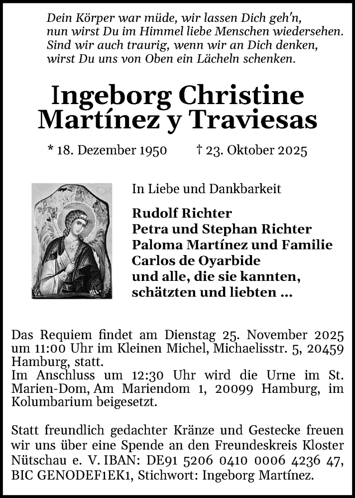  Traueranzeige für Ingeborg Christine Martínez y Traviesas vom 15.11.2025 aus Region Pinneberg und tip Pinneberg