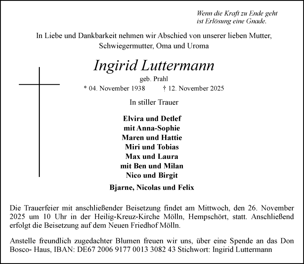  Traueranzeige für Ingirid Luttermann vom 22.11.2025 aus MARKT Ratzeburg/Mölln