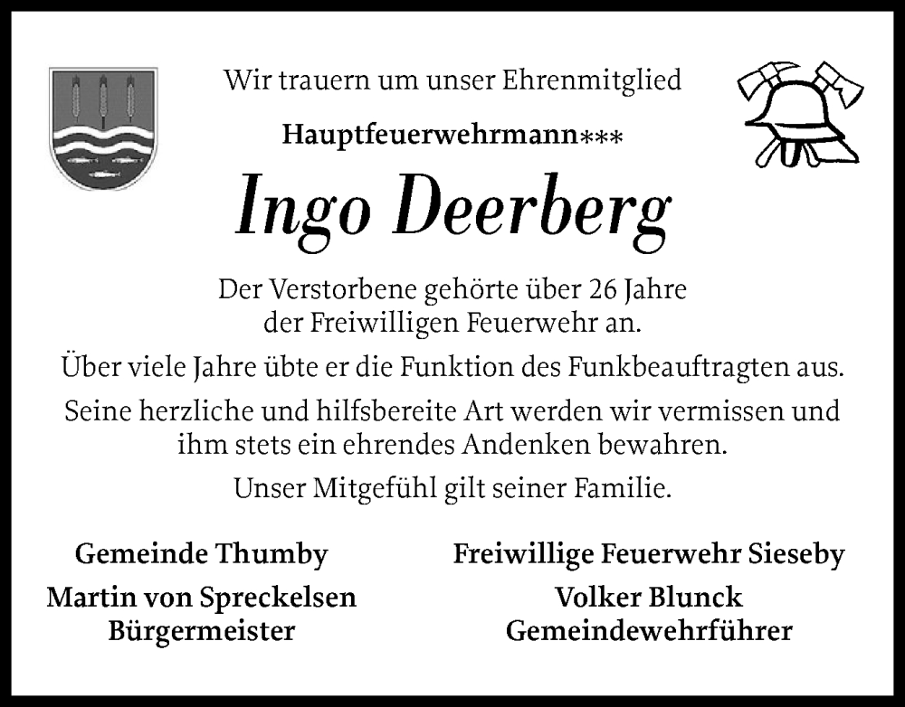  Traueranzeige für Ingo Deerberg vom 15.11.2025 aus Eckernförder Zeitung