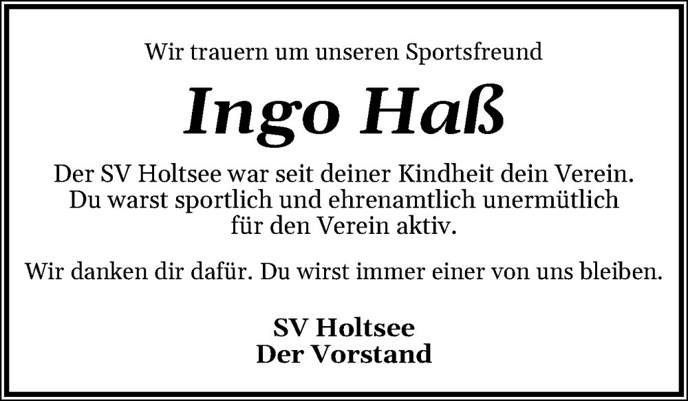  Traueranzeige für Ingo Haß vom 08.11.2025 aus Eckernförder Zeitung, Hallo Eckernförde