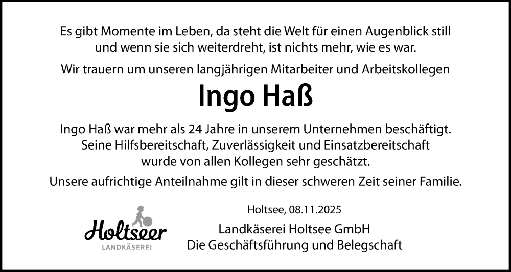  Traueranzeige für Ingo Haß vom 08.11.2025 aus Eckernförder Zeitung, Hallo Eckernförde