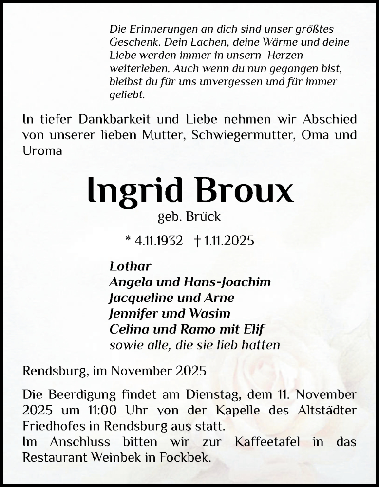  Traueranzeige für Ingrid Broux vom 08.11.2025 aus Schleswig-Holsteinische Landeszeitung