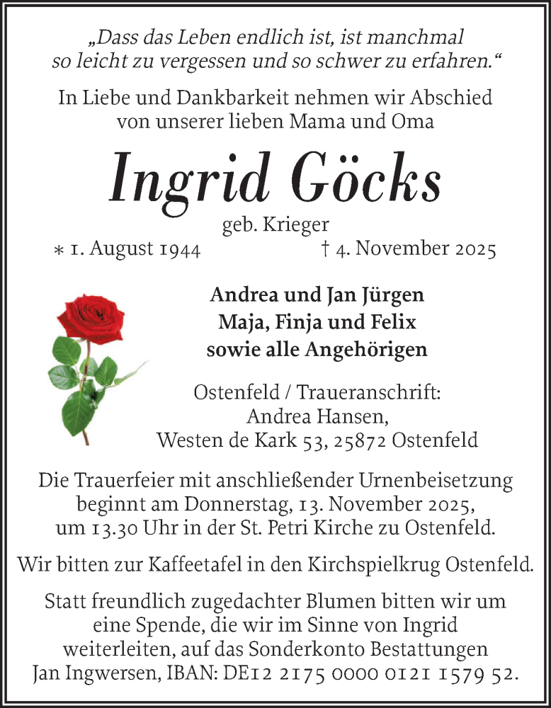  Traueranzeige für Ingrid Göcks vom 08.11.2025 aus Husumer Nachrichten, Nordfriesland Tageblatt