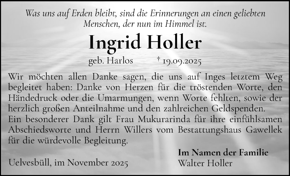  Traueranzeige für Ingrid Holler vom 08.11.2025 aus Region Flensburg