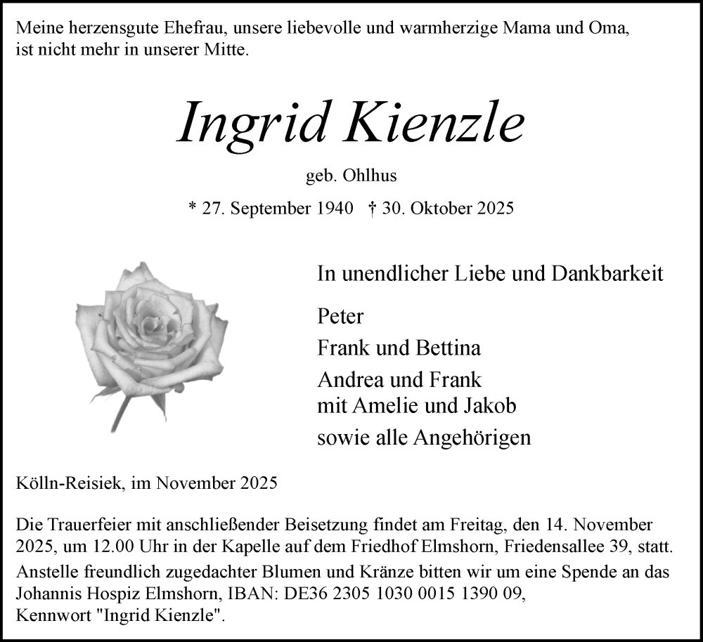  Traueranzeige für Ingrid Kienzle vom 08.11.2025 aus Elmshorner Nachrichten, Barmstedter Zeitung