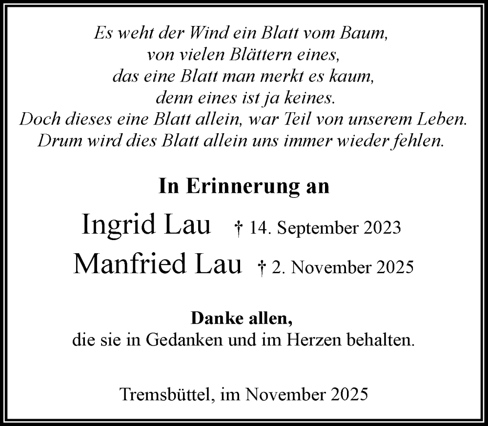  Traueranzeige für Ingrid Lau vom 29.11.2025 aus MARKT Ahrensburg/Bargteheide/Trittau und Stormarner Tageblatt