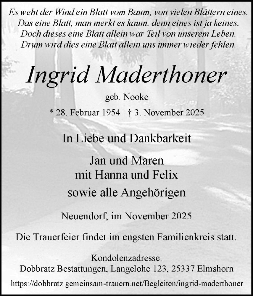  Traueranzeige für Ingrid Maderthoner vom 15.11.2025 aus Norddeutsche Rundschau, Wilstersche Zeitung, Glückstädter Fortuna
