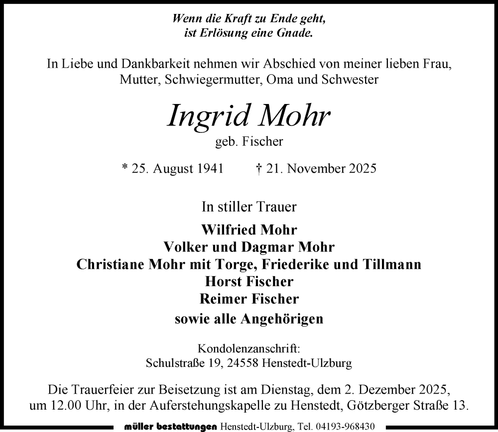  Traueranzeige für Ingrid Mohr vom 29.11.2025 aus Umschau