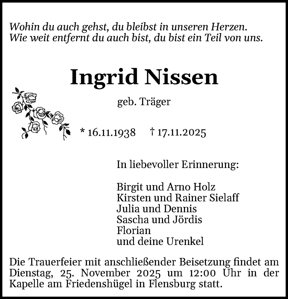  Traueranzeige für Ingrid Nissen vom 22.11.2025 aus Flensburger Tageblatt