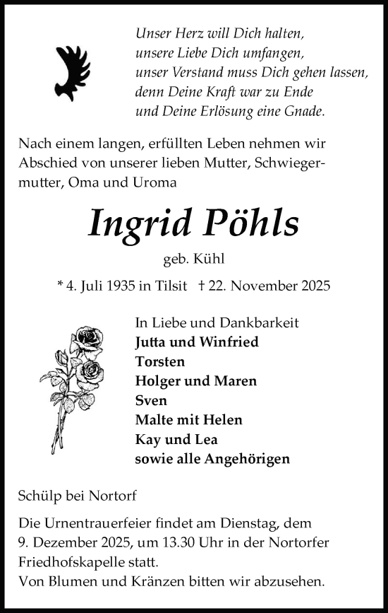 Traueranzeige von Ingrid Pöhls von Schleswig-Holsteinische Landeszeitung