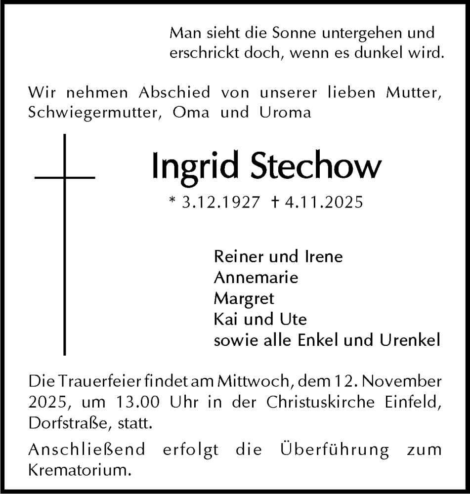  Traueranzeige für Ingrid Stechow vom 08.11.2025 aus Holsteinischer Courier