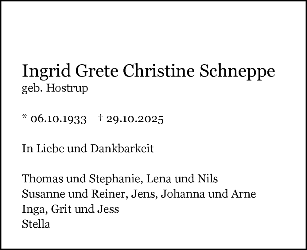  Traueranzeige für Ingrid Grete Christine Schneppe vom 08.11.2025 aus Schleswig-Holsteinische Landeszeitung