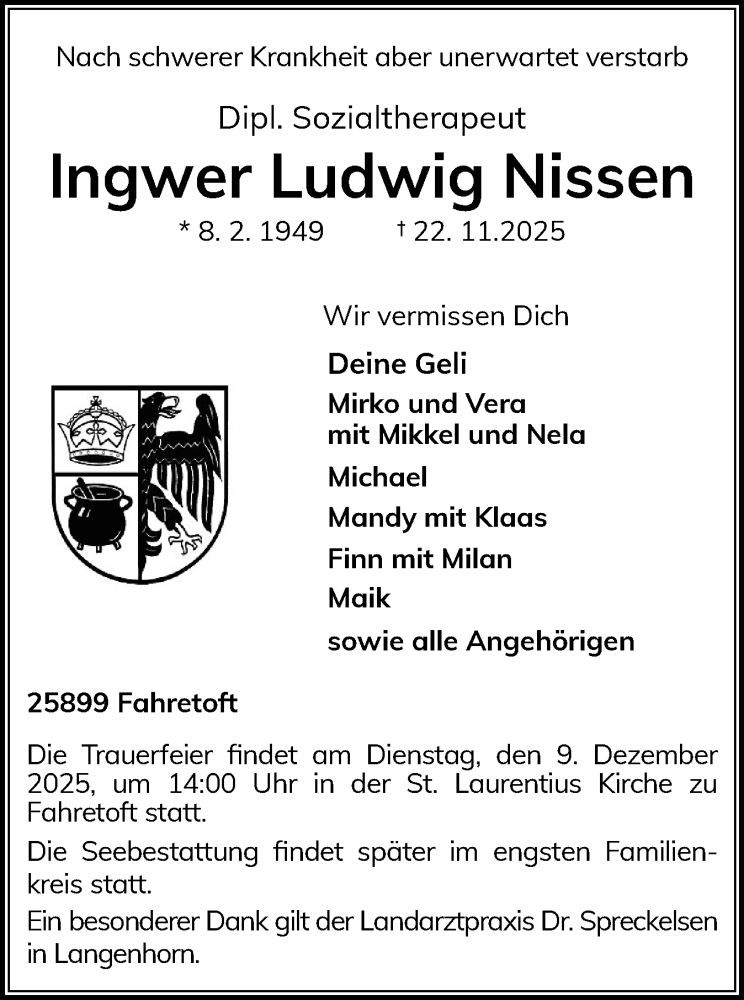  Traueranzeige für Ingwer Ludwig Nissen vom 26.11.2025 aus Region Flensburg