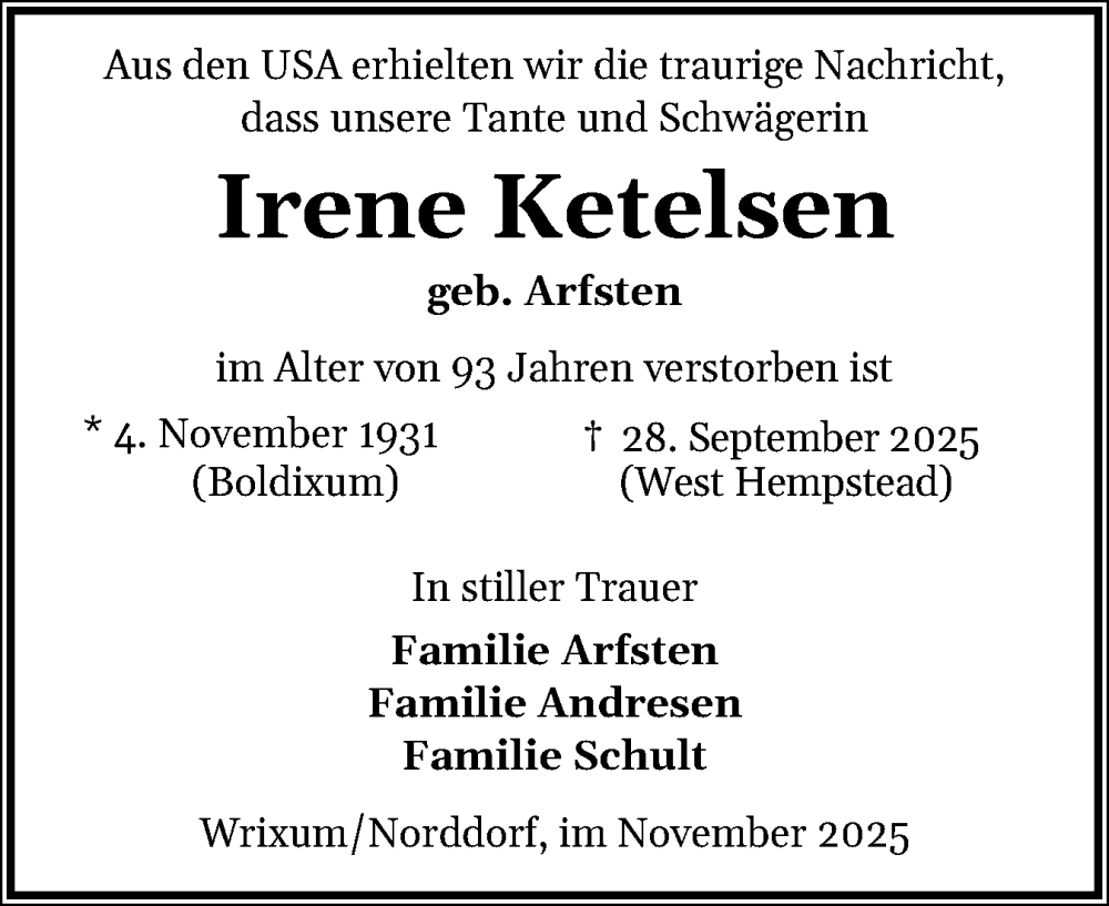  Traueranzeige für Irene Ketelsen vom 08.11.2025 aus Der Insel-Bote