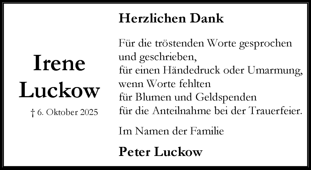  Traueranzeige für Irene Luckow vom 08.11.2025 aus MARKT Bad Oldesloe/Reinfeld und Stormarner Tageblatt