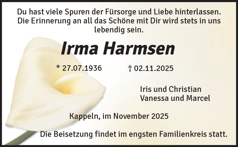  Traueranzeige für Irma Harmsen vom 15.11.2025 aus Flensburger Tageblatt, Schleswiger Nachrichten, Schlei-Bote