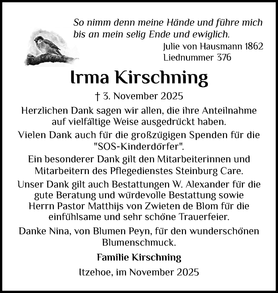 Traueranzeige für Irma Kirschning vom 29.11.2025 aus Norddeutsche Rundschau, Wilstersche Zeitung, Glückstädter Fortuna