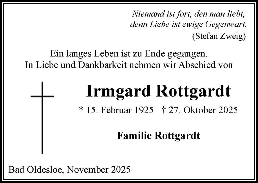  Traueranzeige für Irmgard Rottgardt vom 15.11.2025 aus MARKT Bad Oldesloe/Reinfeld und Stormarner Tageblatt
