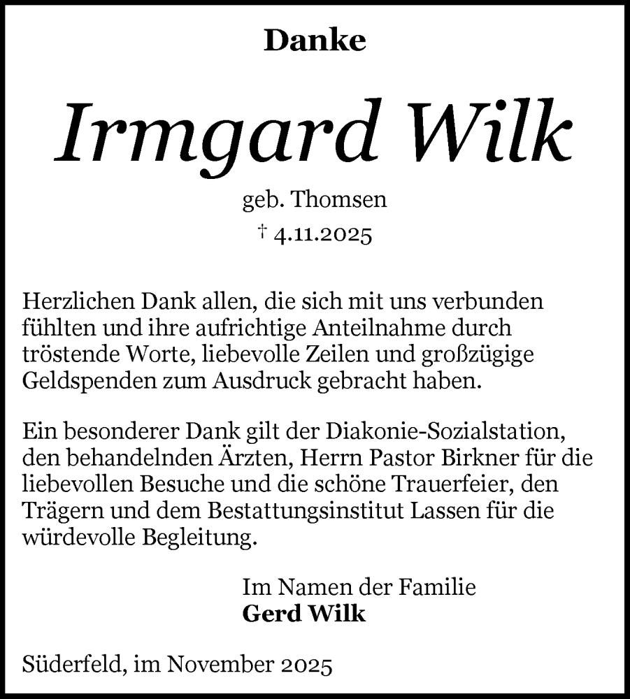 Traueranzeige für Irmgard Wilk vom 29.11.2025 aus Schleswiger Nachrichten, Schlei-Bote