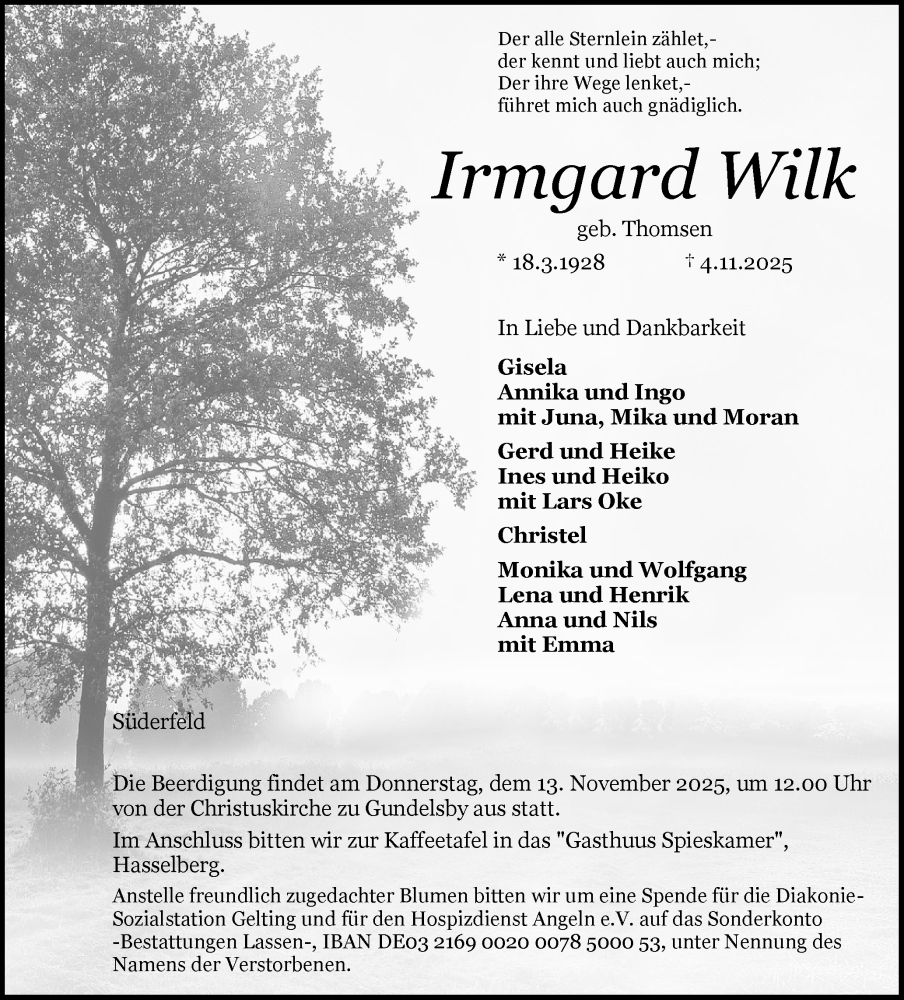  Traueranzeige für Irmgard Wilk vom 08.11.2025 aus Schleswiger Nachrichten, Schlei-Bote