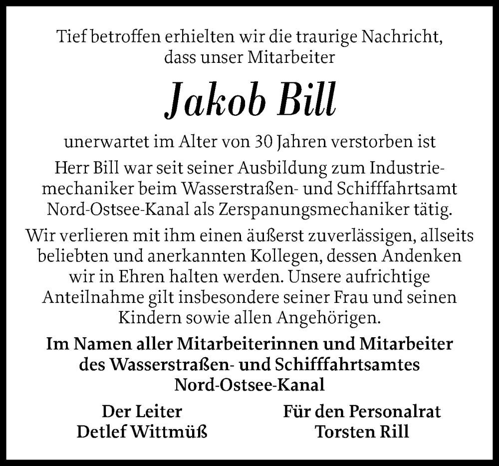  Traueranzeige für Jakob Bill vom 22.11.2025 aus Schleswig-Holsteinische Landeszeitung