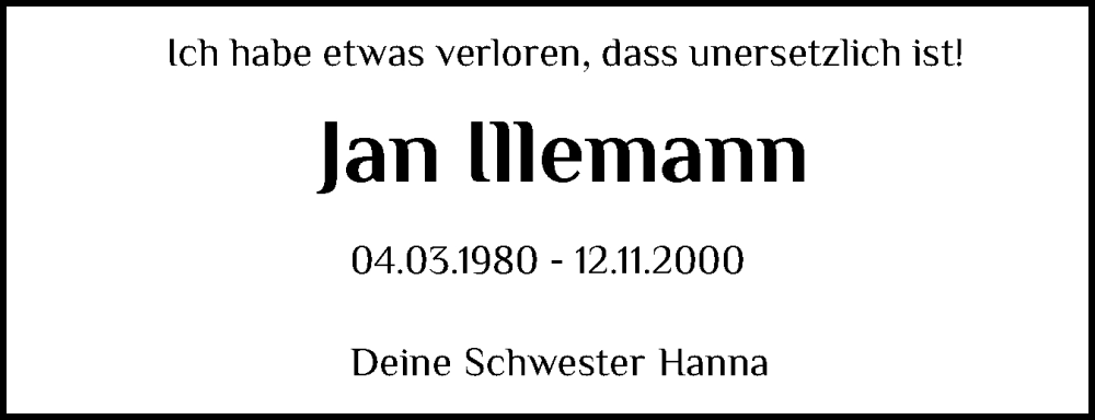  Traueranzeige für Jan Illemann vom 12.11.2025 aus Schleswig-Holsteinische Landeszeitung