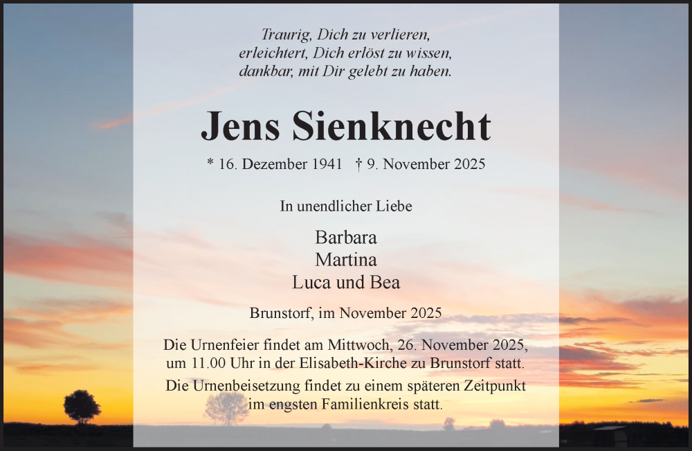  Traueranzeige für Jens Sienknecht vom 15.11.2025 aus Wochenend Anzeiger