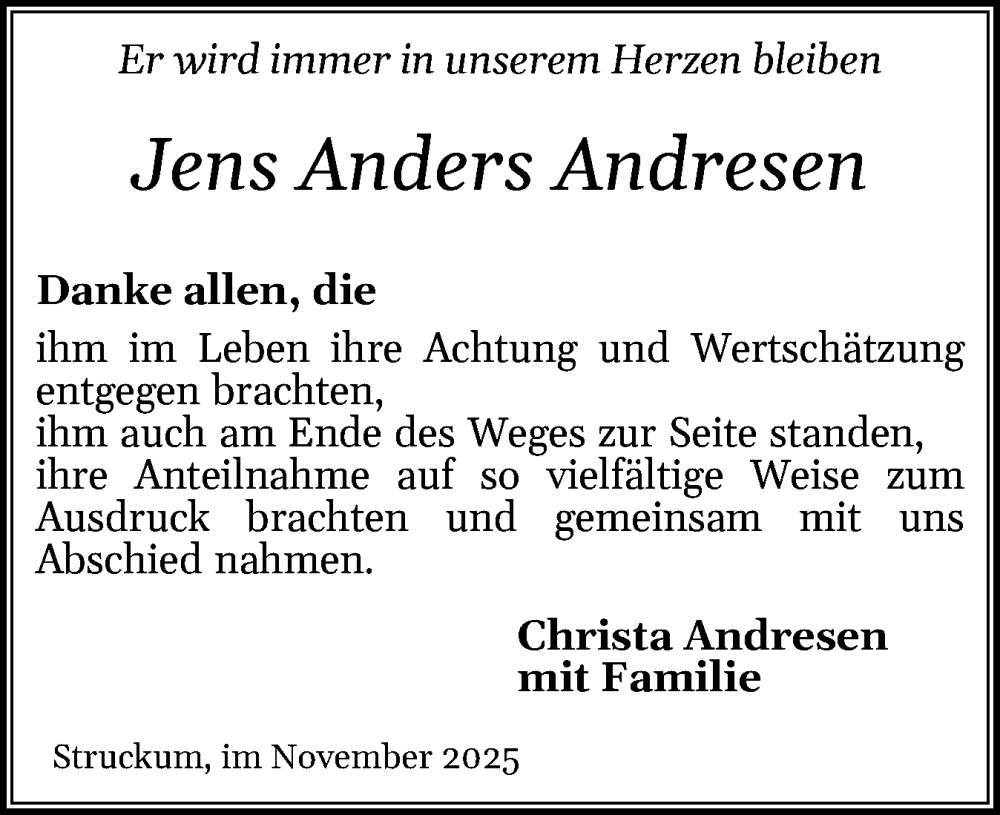  Traueranzeige für Jens Anders Andresen vom 26.11.2025 aus Husumer Nachrichten, Nordfriesland Tageblatt