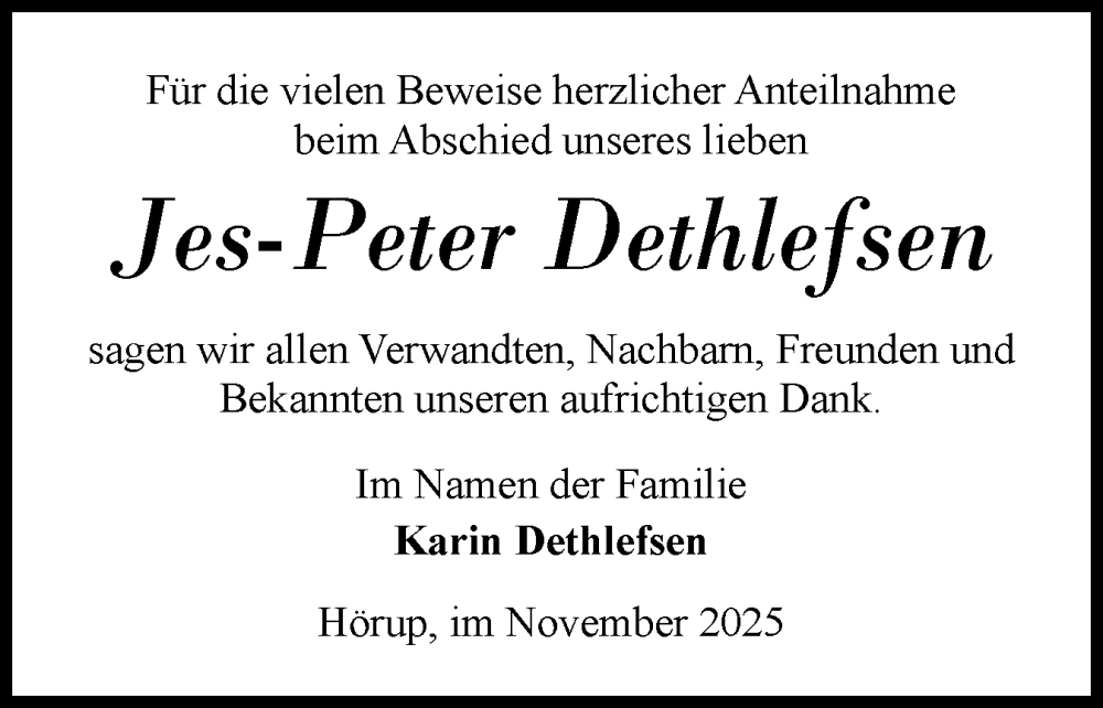  Traueranzeige für Jes-Peter Dethlefsen vom 08.11.2025 aus Region Flensburg