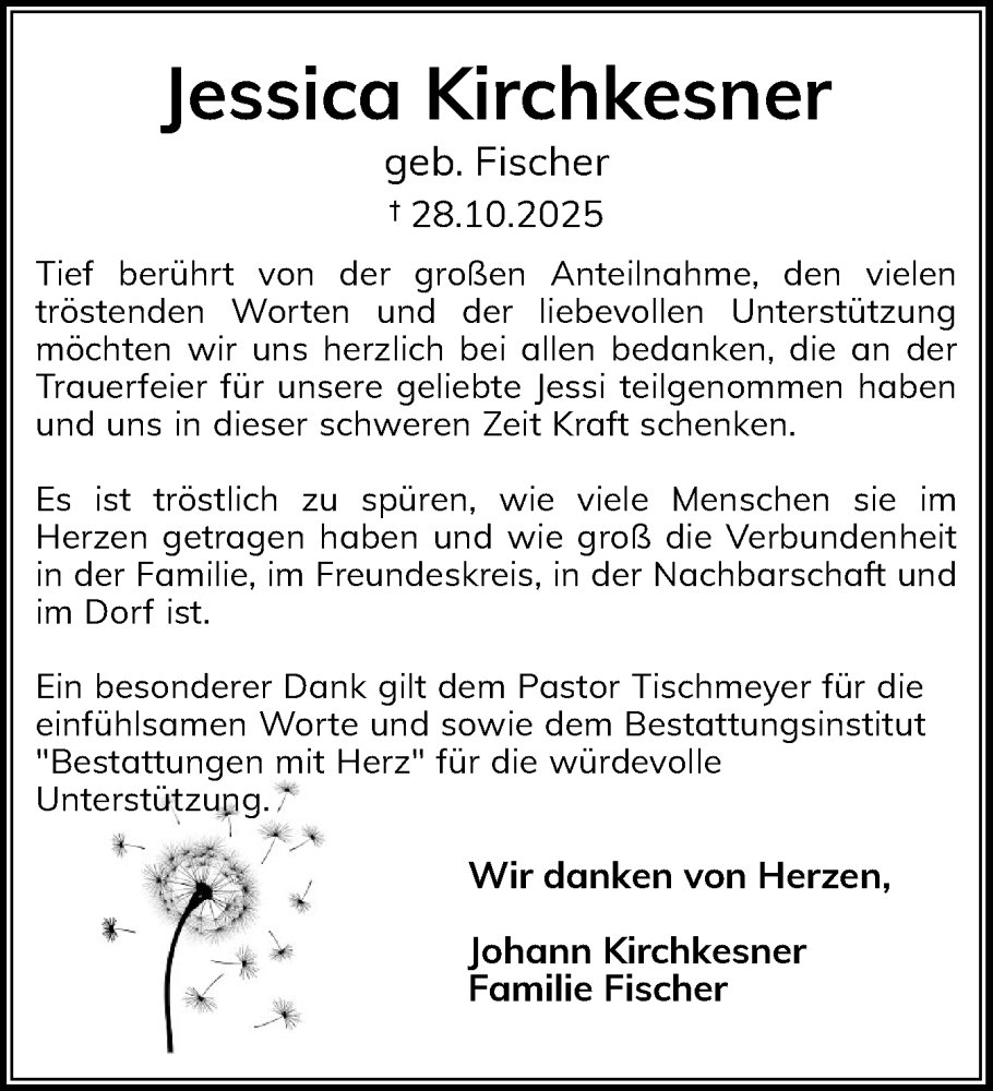  Traueranzeige für Jessica Kirchkesner vom 22.11.2025 aus Schleswiger Nachrichten, Schlei-Bote