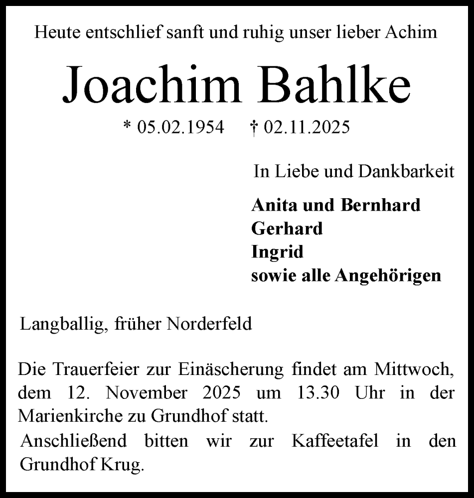  Traueranzeige für Joachim Bahlke vom 08.11.2025 aus Flensburger Tageblatt