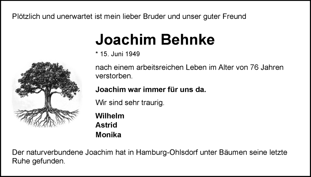  Traueranzeige für Joachim Behnke vom 22.11.2025 aus tip Gesamtausgabe