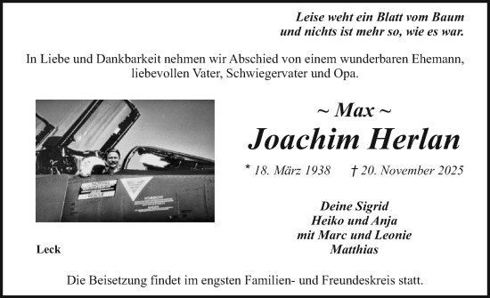 Traueranzeige von Joachim Herlan von Husumer Nachrichten, Nordfriesland Tageblatt