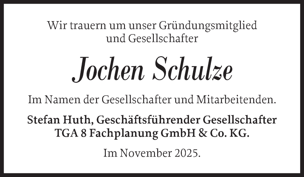  Traueranzeige für Jochen Schulze vom 29.11.2025 aus Eckernförder Zeitung, Hallo Eckernförde