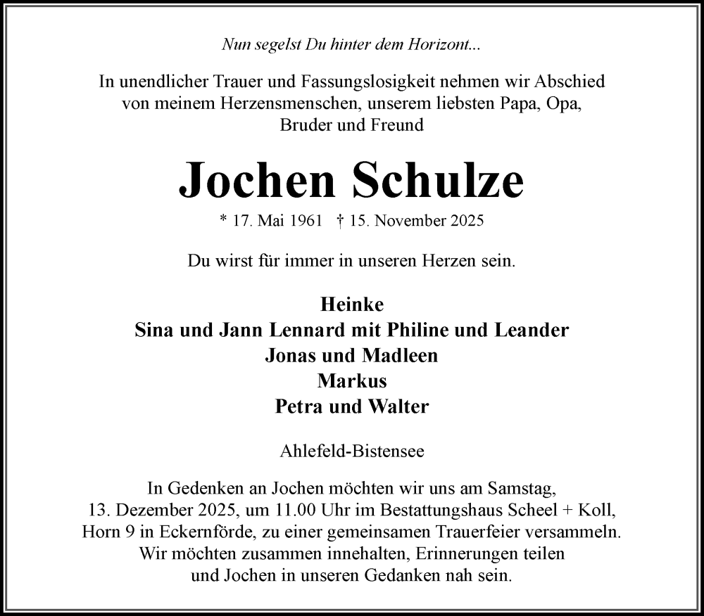  Traueranzeige für Jochen Schulze vom 29.11.2025 aus Eckernförder Zeitung, Hallo Eckernförde