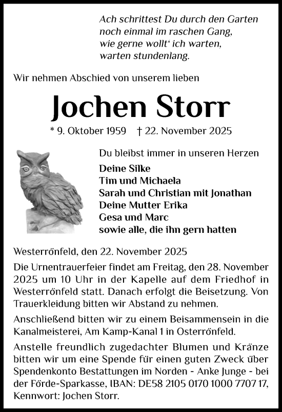 Traueranzeige von Jochen Storr von Schleswig-Holsteinische Landeszeitung