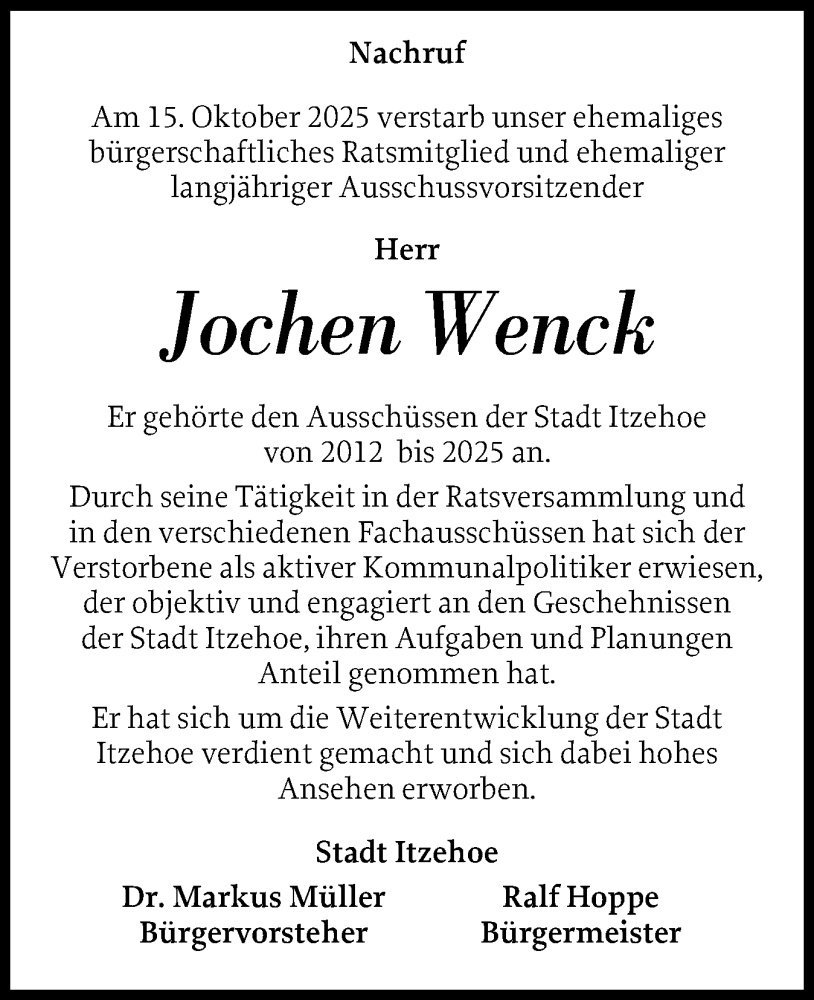  Traueranzeige für Jochen Wenck vom 15.11.2025 aus Norddeutsche Rundschau, Wilstersche Zeitung, Glückstädter Fortuna