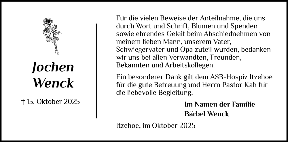  Traueranzeige für Jochen Wenck vom 29.11.2025 aus Norddeutsche Rundschau, Wilstersche Zeitung, Glückstädter Fortuna