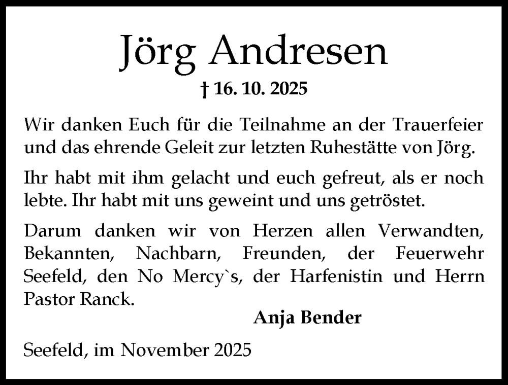  Traueranzeige für Jörg Andresen vom 22.11.2025 aus Schleswig-Holsteinische Landeszeitung