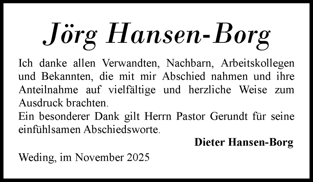  Traueranzeige für Jörg Hansen-Borg vom 08.11.2025 aus Flensburger Tageblatt