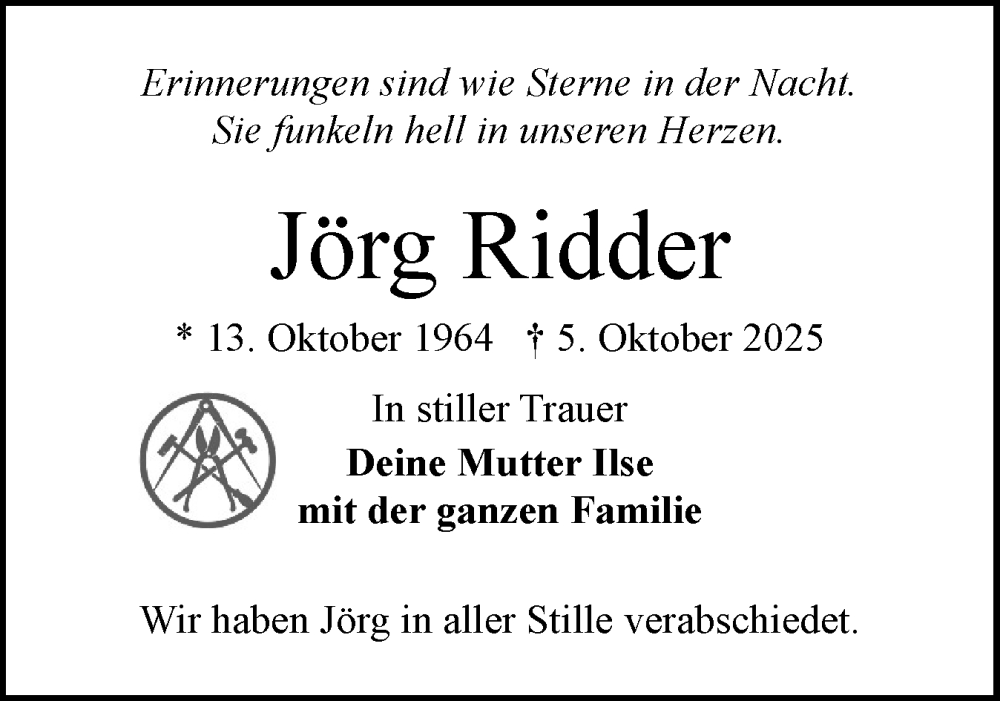  Traueranzeige für Jörg Ridder vom 08.11.2025 aus Eckernförder Zeitung, Hallo Eckernförde