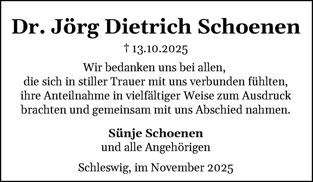  Traueranzeige für Jörg Dietrich Schoenen vom 22.11.2025 aus Schleswiger Nachrichten, Schlei-Bote