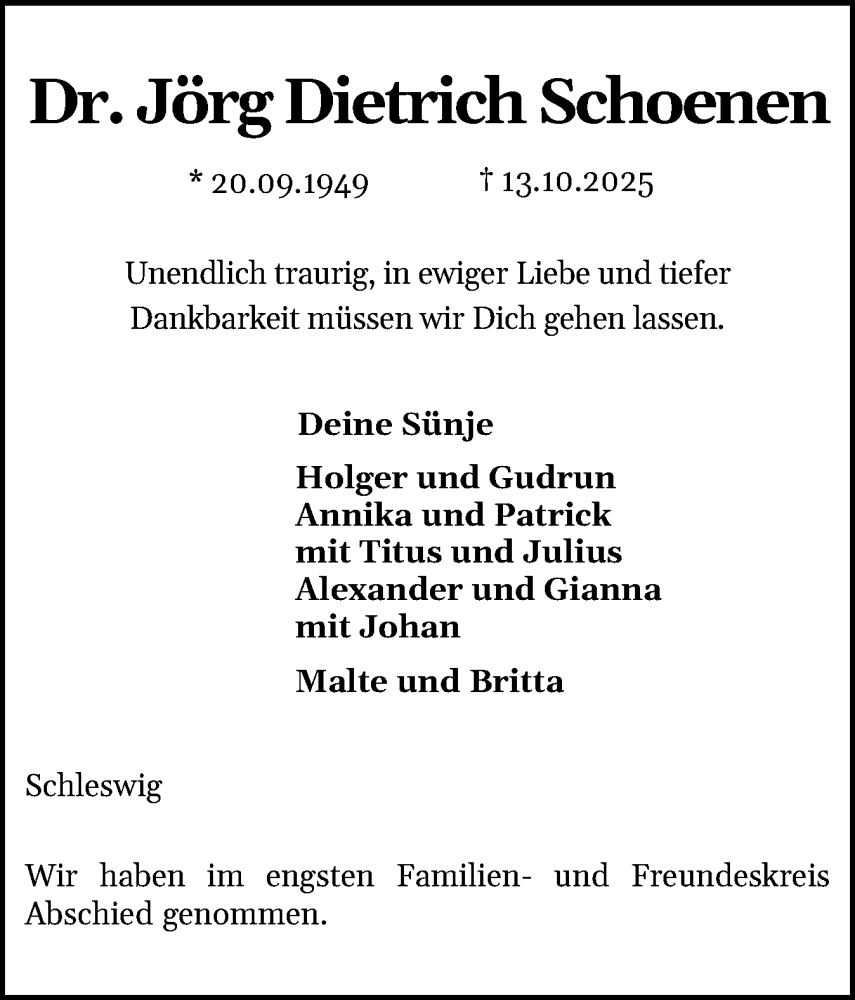  Traueranzeige für Jörg Dietrich Schoenen vom 08.11.2025 aus Schleswiger Nachrichten, Schlei-Bote